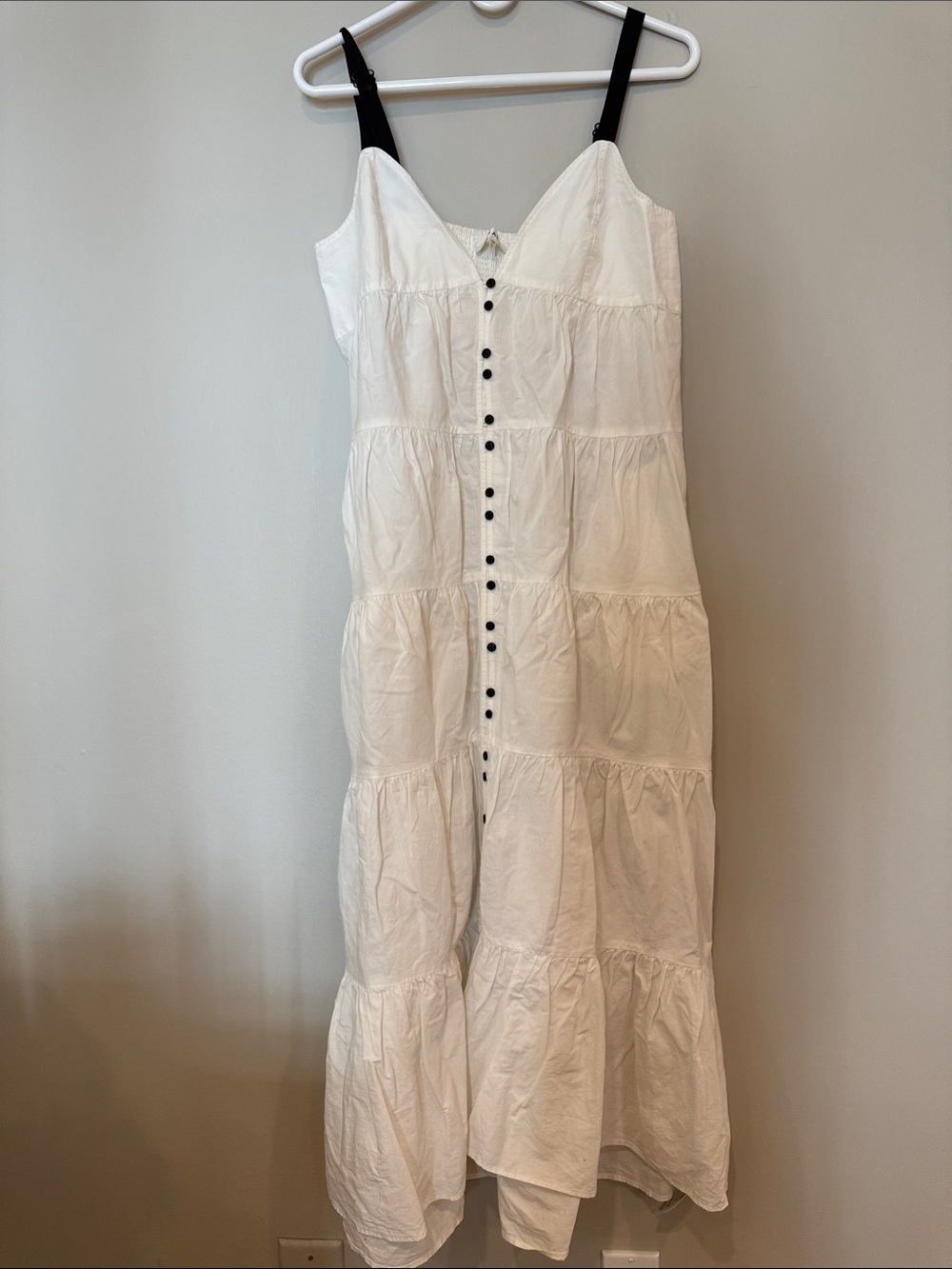 Frame Denim White Tiered Maxi Dress with Black Straps and Button Front